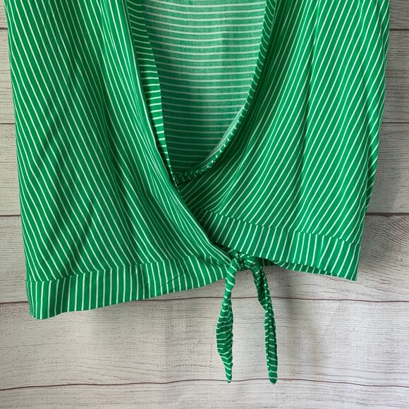 Olive & Leaf Green and White Striped Wrap Front Blouse Tie Bottom Size Large - Picture 3 of 11